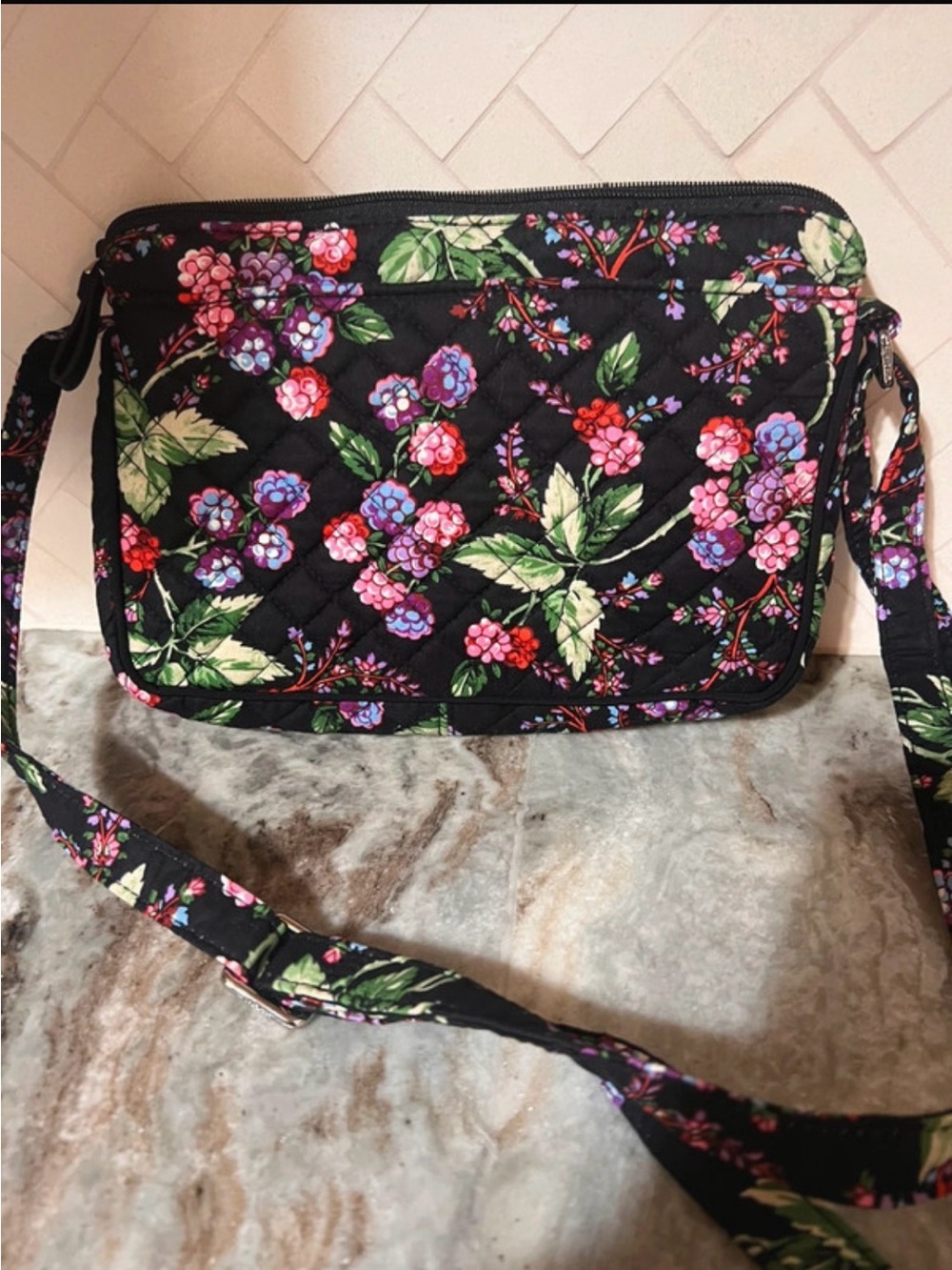 Vera Bradley Black Quilted Floral Crossbody with Pink & Purple Flowers